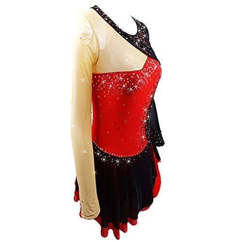 Vestido de patinação no gelo vermelho e preto com costura de alto desempenho para adolescentes vesti