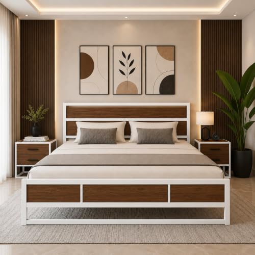 Image of King Size Metal Bed Frame with Wood Finish Headboard & Footboard | Heavy Duty Steel Platform Bed | White Powder Coated Frame | Noise Free | No Box Spring Required | Easy Assembly (White)