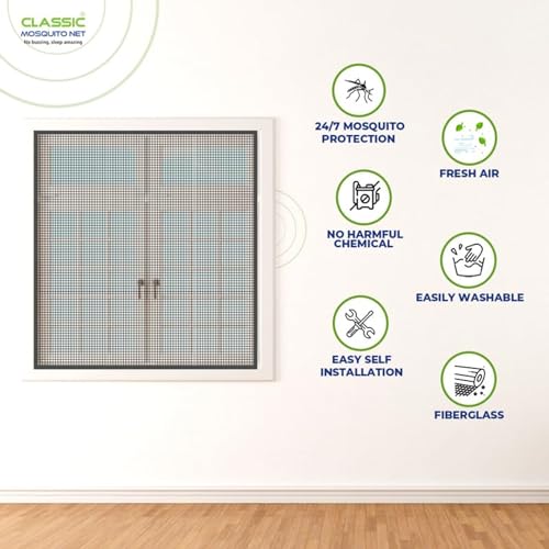 Image of Classic Mosquito Net for Windows | 60X60 cm | 120 GSM Fiberglass Mesh |Pre Stitched Window Net for Home | Self Adhesive Hook & Loop Easy Install | Protection from Mosquitoes & Insects |Grey