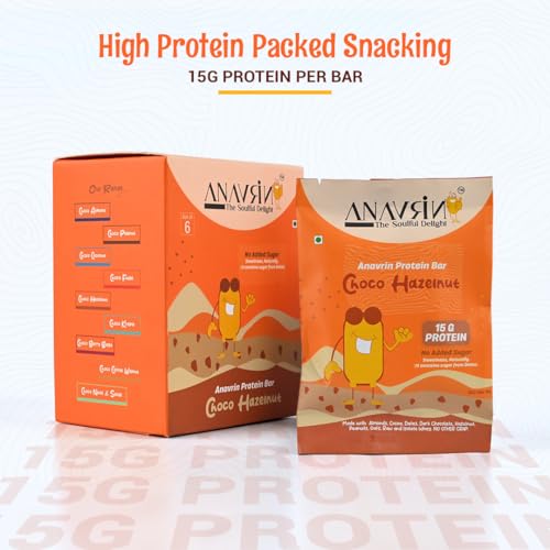 Image of ANAVRIN Choco Hazelnut Protein Bar - 15g Protein, 3g Fibre in each Bar (6 Bars x 50gm) No Added Sugar, No Soy, No Preservatives, Gluten Free High Protein Energy Bar, All Natural Flavors