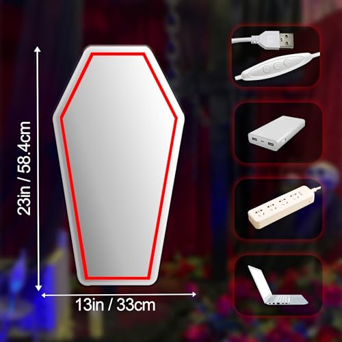 Image of Coffin Neon Mirror, Neon Signs for Wall Decor, Gothic Mirror Gift for Goth Lovers, Whimsical Goth Home Decor, Witch Bedroom Decor 23″x13″