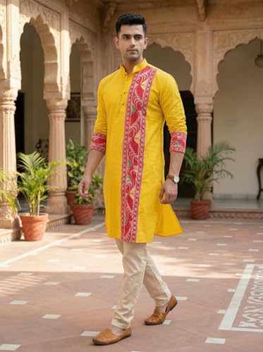 Image of Men's Jamdani Printed Kurta Pajama Set | Pure Cotton Ethnic Kurta with Mandarin Collar & Dupion Silk Pyjama | Festive & Weddings 303A12A 303SB12B(M XXL)