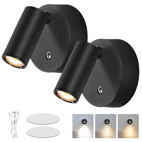 Lámpara de pared interior, 2 piezas lámpara de pared con interruptor, lámpara de lectura LED regulable giratoria, foco de pared interior sin conexión de alimentación, lámpara de pared con 3 modos de
