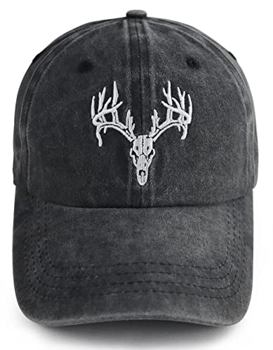 Deer Hunting Accessories Hats for Men Women Funny Embroidered Halloween Deer Skull Head Antler Baseball Cap Adjustable Washed Elk Reindeer Decor Hat Gifts for Friends Wild Animal Lover Hunter