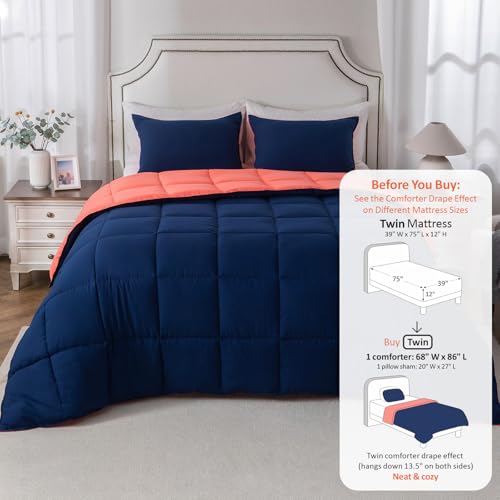 Image of KASENTEX Twin Comforter Set, Reversible, Goose Down Alternative, All Season | 250 GSM Fill, Ultra-Soft, Lightweight, Machine Washable, 1 Comforter + 1 Pillow Sham, Navy /Coral