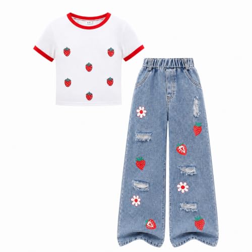 Image of Azmxynol Tween Girl Clothes Short Sleeve Top + Butterfly Design Jeans 2 Pieces Spring Summer Outfit Set, Size 6-16 Years