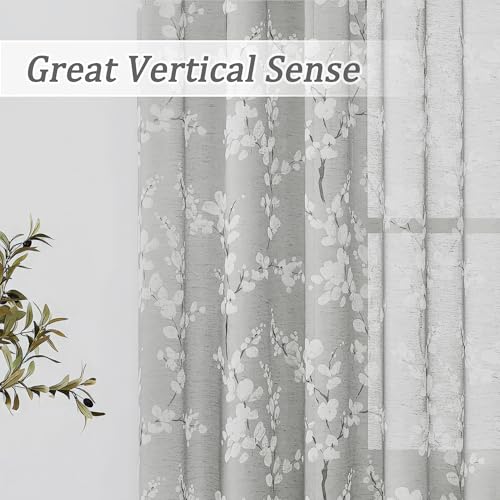 Image of FMFUNCTEX Linen Sheer Blossom Floral Print Curtains Grey 63 Inch 2 Panels | Rod Pocket Rustic Drapes, Farmhouse Flower Patterned Window Curtain, Light Filtering Privacy for Living Room and Bedroom