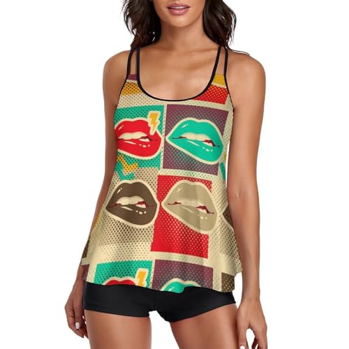Ensembles bikini avec short de garçon, tankini protecteur et extensible à motif lèvres