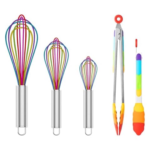 OYV Colorful Kitchen Set: Rainbow Silicone Whisks & Tongs for Cooking, 304 Stainless Steel with Heat-Resistant Silicone, Non-Scratch Tools for Blending, Grilling, and More (Set of 3 Whisks & 2 Tongs) Cover