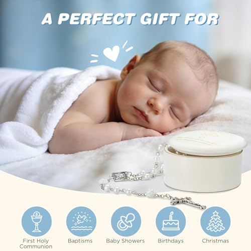Image of NORBU Baptism Gifts for Girl, My First Rosary with Ceramic Keepsake Box, Rosary for Kids, First Communion & Baby Dedication Gifts for Newborn Baby Boys Catholic Christening Gift
