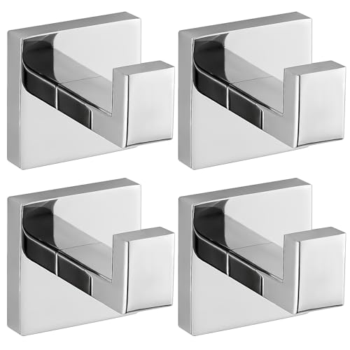 Chrome Polished Towel Hooks for Bathrooms, Heavy Duty Wall Mounted Stainless Steel Modern Hook, 4 Pack  Ideal for Hanging Towels, Robes, Coats, in Kitchen, Bedroom, Bathroom, or Hotel