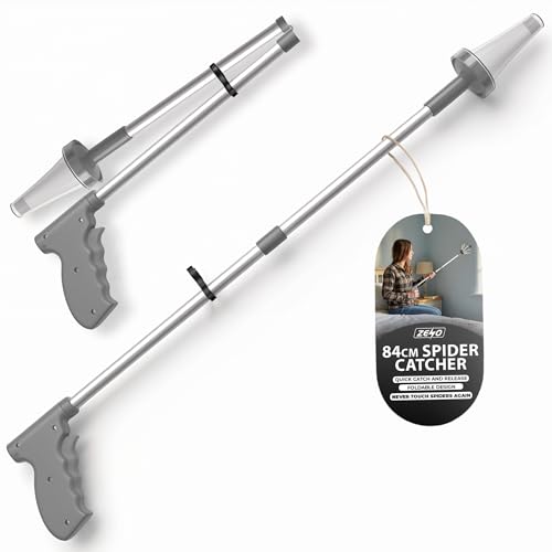 ZENO Spider Catcher 84CM | Spider Catcher with Long Handle | Humane Bug Catcher Tool for Safe Spider & Insect Removal at Home | Easy One Hand Trigger Grip Soft Anti Crush Bristles (Grey)
