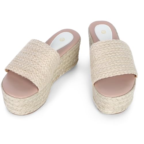 Ynport Crefreak Damen Plateau-Keilabsatz-Sandalen – Schlupf-Espadrille-Flatform-Mules mit offener Spitze, Bohemian-Stil, Jute- und Raffia-Design für Strand und lässigen Alltag, Aprikose, EU 38
