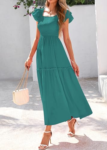 Image of KIRUNDO Smocked Summer Midi Dresses for Women 2026 | Flowy Long Dress, Ruffle Short Sleeve, Square Neck, Pocketed, Sundress for Casual, Church, Wedding Guest, Baby Shower