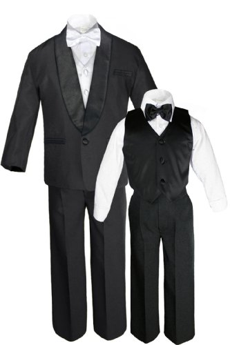 Boys Satin Shawl Lapel Suits Tuxedo with White Bow Tie Vest Set Baby Teen (8)