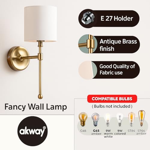Image of AKWAY Antique Brass Finish Wall Lamps for Living Rooms with Bamboo Shade | Rattan and Cane Wall Lights for Bedroom | Wicker Wall scones - (Fabric Cylindrical - Jhalak)