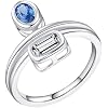 Women Ring, Engagement Band 2 Layered Line with Blue Oval Cubic Zirconia Sterling Silver