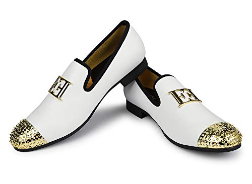XQWFH Mens Leather Loafers Spiked Dress Shoes with Gold Buckle