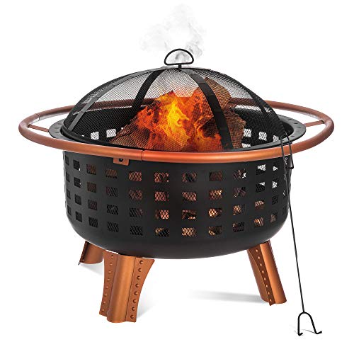 LIVIVO 'Saturn' Fire Pit Brazier with Black Weave Effect Frame, Copper Effect Ring and Feet Details with Mesh Spark Guard, Poker Tool and BBQ Grill Insert