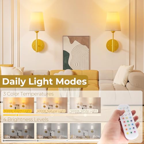 Battery Operated Wall Lights, Rechargeable Wireless Wall Sconce Set of 2 with Remote Control, 3 Color Temperatures & RGB Dimmable, 5600mAh E27 Bulb, Wall Lights for Living Room, Bedroom, Hallway - Image 2