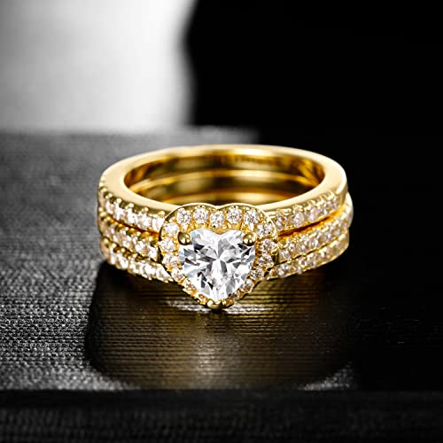 3 Pairs Heart Halo Wedding Rings Set Engagement Ring 18K Yellow Gold Plated Cubic Zirconia Band Promise Eternity Ring for Women Size 93