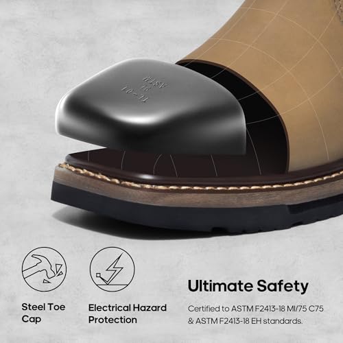 Image of NORTIV 8 Steel Toe Cowboy Boots for Men | Waterproof Pull on Wellington Western Cowboy Boots for Men with Full-grain Leather for Construction Farming Bronco Stormrider