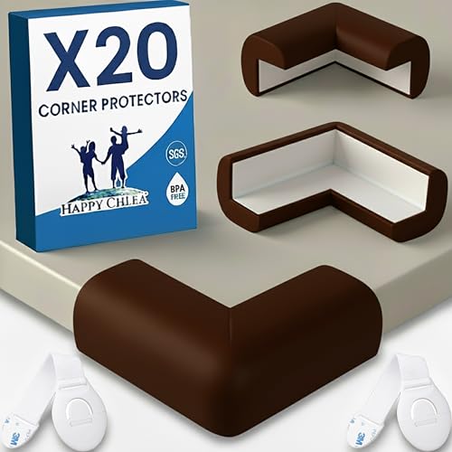 HAPPY CHLEA® Paraspigoli Angolari in Gomma con Tecnologia Schiuma Attiva, 20 Paraspigoli per Bambini Morbidi e 2 Blocca Cassetti, Para spigoli Tavolo e Mobili (Marrone)
