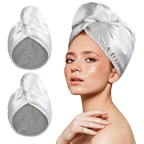 YoulerTex Microfiber Hair Towel Wrap Turban 2Pack Head Towels for Drying Women Curly Long Wet Plopping Hair Quick Rapid Dry Anti Frizz Absorbent Hair Towel After Shower (Silver-White)