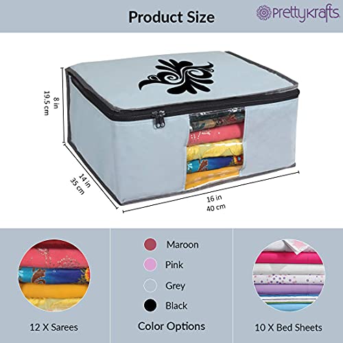 Image of PrettyKrafts Large Saree Cover With Creative Prints, Wardrobe Organiser, Clothes Cover & Storage, Zip Closure and Transparent Window | Clothes Storage Bag | Set of 3, Grey | Size: 40 x 35 x 20 cm