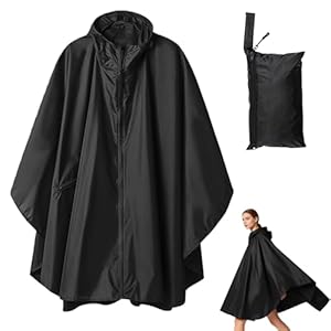 PORFOYO Regenponcho Damen, Regenponcho Fahrrad, Damen Wasserdicht, Unisex Wiederverwendbar Rain Mit Reißverschluss Kapuze Tunnelzug, Raincoat Für Backpacking Camping Outdoors, Schwarz