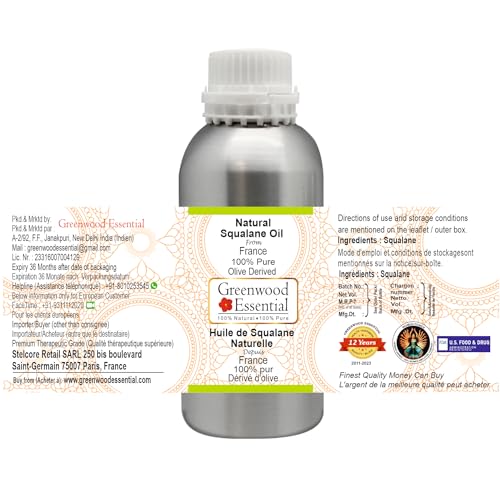 Image of Greenwood Essential Natural Squalane Oil (derived from Olives) | Infused | Pure | Non-Sticky | Lightweight | For Skin & Hair | Natural | For Men & Women | All Skin Types | 300ml