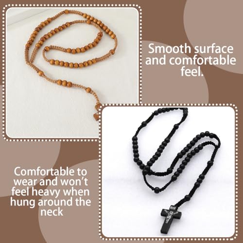 2 Stück Katholisches Kreuz Rosenkranz Halskette, Kreuz Kette Holz,Jesus Kette,Rosary Necklace,Heiliger Benedikt,für katholische Christen Religiöse Kommunion, Taufe, Messe, Bibel（Schwarz, Braun）