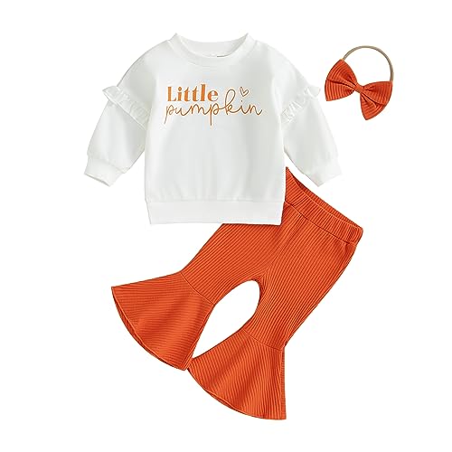 Image of Toddler Baby Girl Halloween Clothes Pumpkin Outfits Set Pullover Sweatshirt Tops+Flare Pants Fall Winter Baby Clothes(OrangeA,2-3 T)