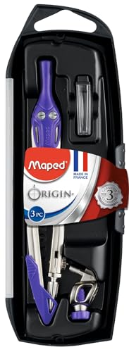 Maped - Material Escolar - Origin Caja de 3 Piezas - Compás Escolar de Precisión - Incluye 1 Abrazadera Universal y 1 Estuche de Minas - Brazos de Acero