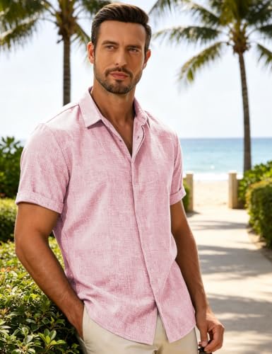 Drazivon Men's Linen Short Sleeve Button Down Casual Shirts Pink-FX XL - image 2