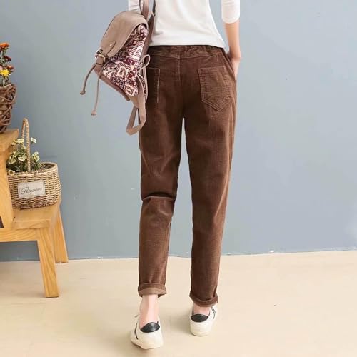 Corduroy Straight Leg Pants Women's Elastic High Waisted Trousers Comfy Casual Work Pull On Pants with Pockets3