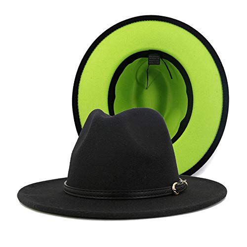 LONIY Trend Red Black Patchwork Wool Felt Jazz Fedora Hat Casual Men Women Leather Strap Wide Brim Felt Hat Trilbyâ€¦ (Black-Green, Small-Medium)
