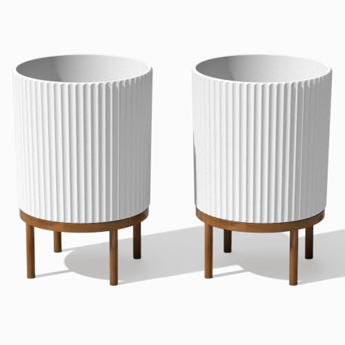 Image of Veradek Demi Series Raised Planter - Round Planter with Stand | Made From a Durable Plastic-Stone Composite & Comes With Wooden Stand. Modern Porch /Patio Decor