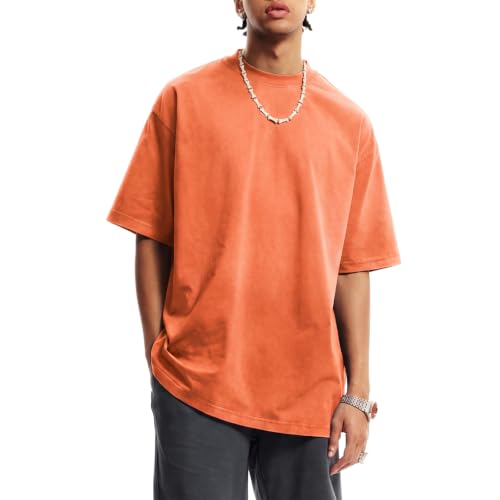 KEEPSHOWING Oversized Tshirts for Men Acid Wash Crewneck Cotton Graphic Tees Basic Short Sleeve Loose Fit Tops 2026(OR-L) Orange