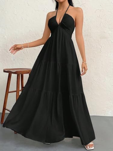 Image of Narecte Women's Maxi Summer Dresses Halter V Neck Beach Dresses for Women A-Line Casual Dress for Vacation
