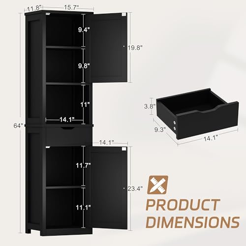 Shintenchi Tall Bathroom Storage Cabinet, Slim Corner Floor Cabinet with Doors and Drawer, Freestanding Narrow Bathroom Organizer with Adjustable Shelves for Small Space, Black