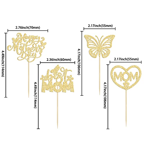24Pcs Mother's Day Cupcake Toppers Gold Glitter Best Mom Butterfly Cupcake Picks Heart Mom Cake Decorations For Happy Mother's Day Birthday Party Cake Decorations Supplies #TOP1
