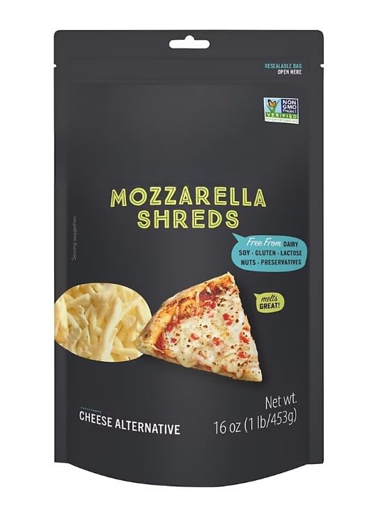 Mozzarella Shreds Shredded Cheese , Dairy-Free Vegan , is 100% dairy-free so you can indulge in all of life’s joyful, cheesy moments. Bake it to perfection on top of vegan pizza or in non-dairy quesadillas. [ 16 oz , 1 lb ]
