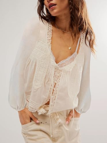 Tie Front Lace Tops for Women Trendy Ruffle Trim V-Neck Chiffon Blouse Y2k Sheer Peplum Long Sleeve Button T Shirts2