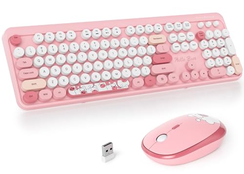 Image of Fogruaden Wireless Keyboard and Mouse Combo, Pink Retro Typewriter Keyboard, 2.4GHz Full Size Round Keycap Cute Computer Keyboard with Number Pad, Pink Colorful Keyboard for Windows PC Laptop(Pink)