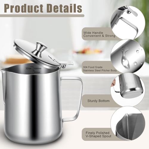 32 oz Stainless Steel Pitcher with Lid, 1 L Large Metal Measuring Cup with Handle, Large Mouth Graduated Beakers, Milk Frothing Jug for Latte Art, Espresso Machines, Tea
