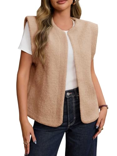 Tankaneo Womens Fuzzy Fleece Vest Lightweight Sleeveless Open Front Sherpa Jacket Fall Warm Outerwear