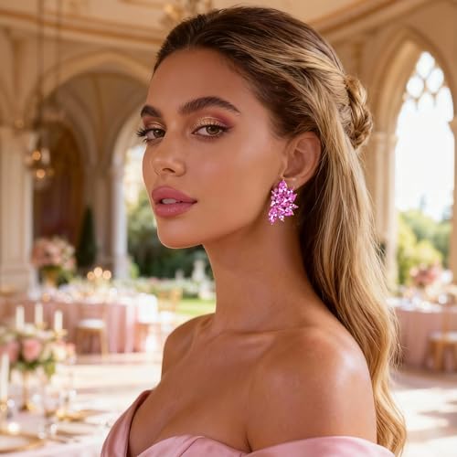 Pink Earrings for Women Wedding Earring Rhinestone Earring Prom Dress Jewerly Fashion Bling Colorful Crystal Cluster Drop Dangle Earrings by CSIYANJRY99 - Used condition - Image 4