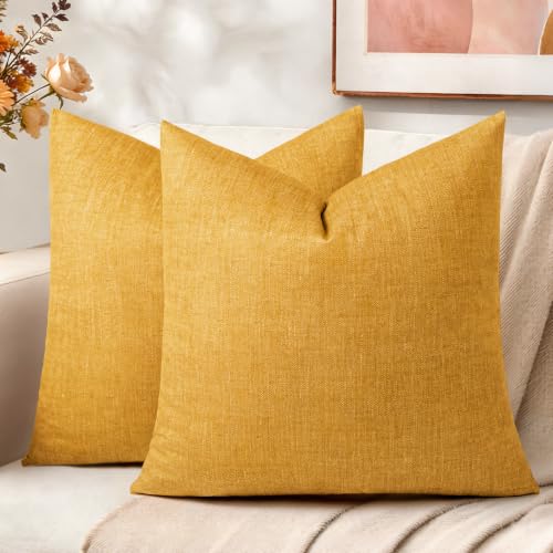AELS Decorative Throw Pillow Covers 18x18, Set of 2, Soft Textured Look Printed Pillow Case, Modern Farmhouse Cushion Case for Bed Couch Sofa, Mustard Yellow (Covers Only)