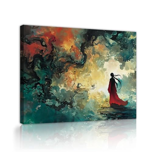 Obra de arte abstracta retro de la lona Mujer oriental clásica en impresiones de arte de pared roja cuadros estirados para la Decor de la casa del apartamento del dormitorio 45x60cm marco interior